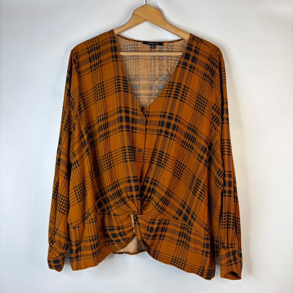 Miss Lili Blouse Women 3X Orange Plaid Twist Front V-Neck Rayon Long Sleeve